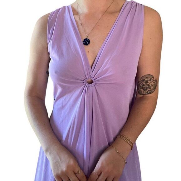 Vintage 1970s Womens Lavender V Neck Retro Disco Mid Mod Maxi Dress Sz M - Picture 2 of 7